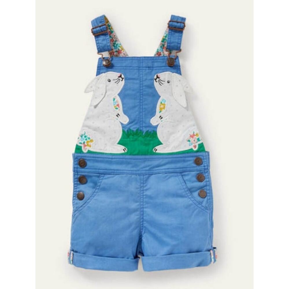 NEW! Mini Boden Bunny Applique Short Overalls in BLUE (7-8Y)